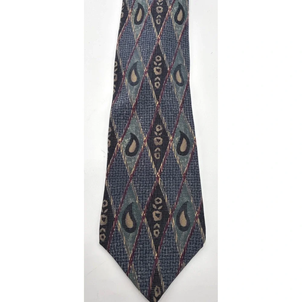 Vintage Bill Blass 100% Silk Necktie Gray Blue Geometric Abstract Paisley